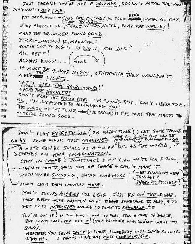 Lista manuscrita de consejos de Thelonious Monk anotada por Steve Lacy en 1960