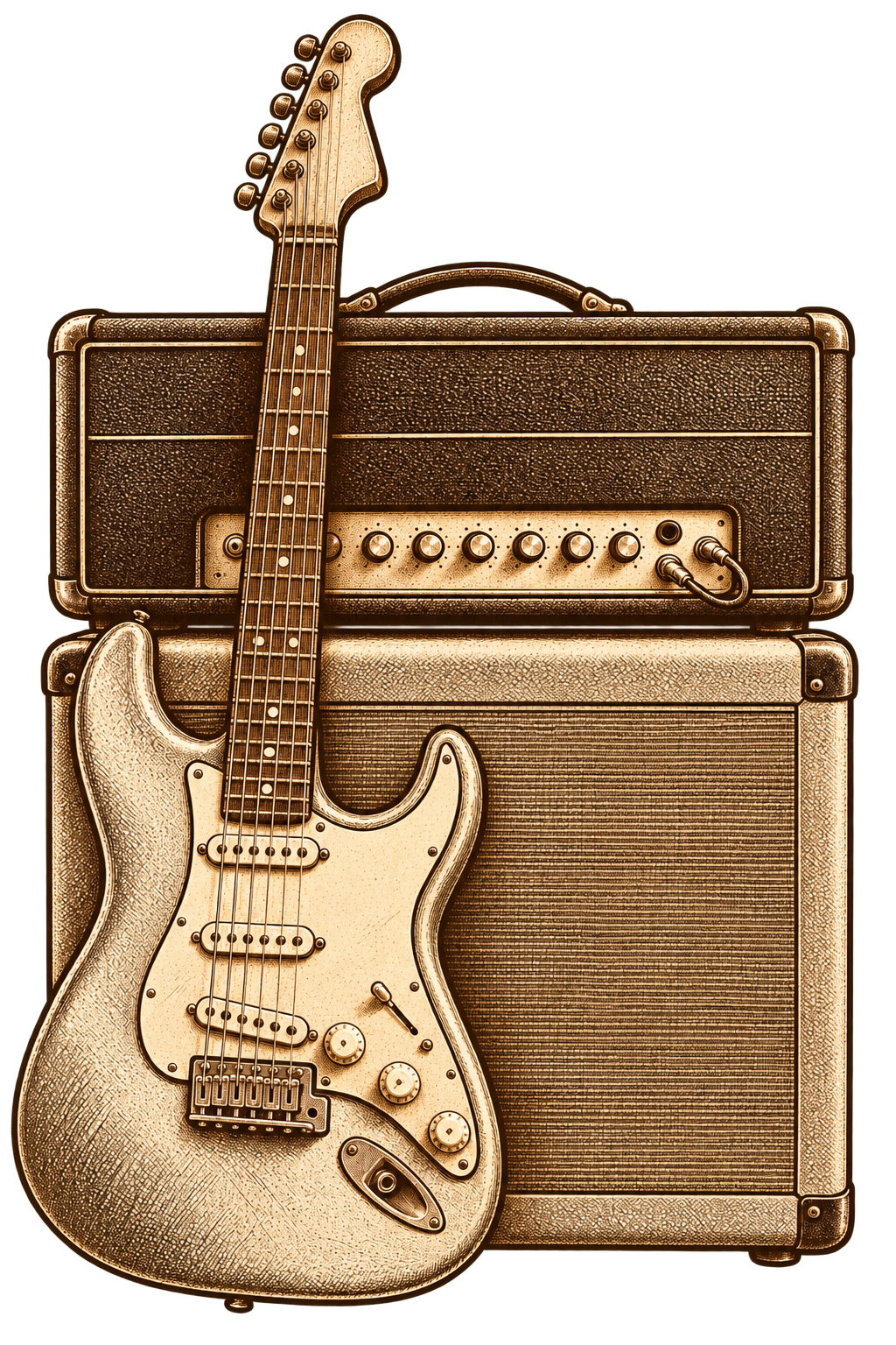 Guitarra eléctrica y amplificador vintage, en grabado sepia