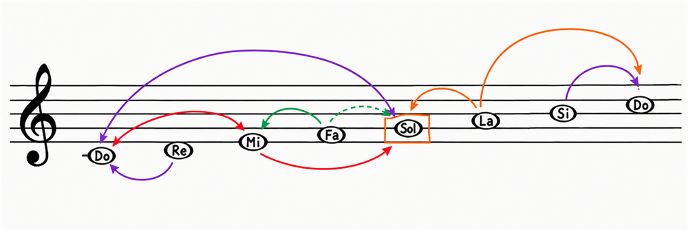 Diagrama de funciones armónicas sobre un pentagrama en clave de sol: las notas Do, Re, Mi, Fa, Sol, La, Si, Do con las mismas flechas de tendencia entre grados.