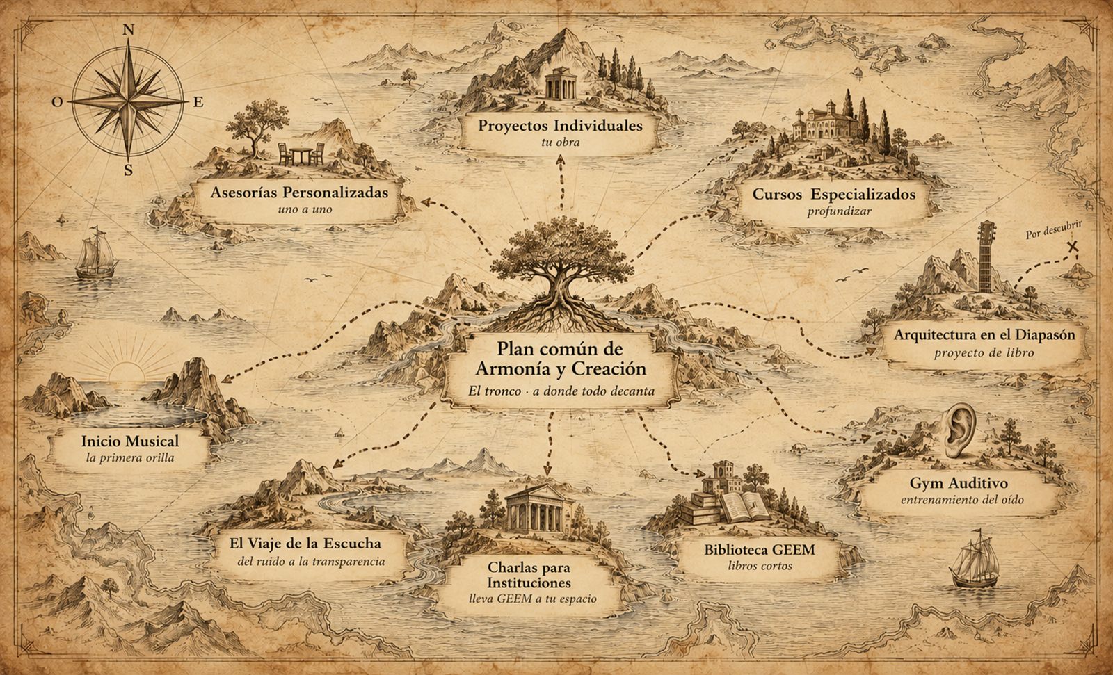 Mapa del ecosistema GEEM: un archipiélago con el árbol del Plan Común al centro y las islas del método alrededor.
